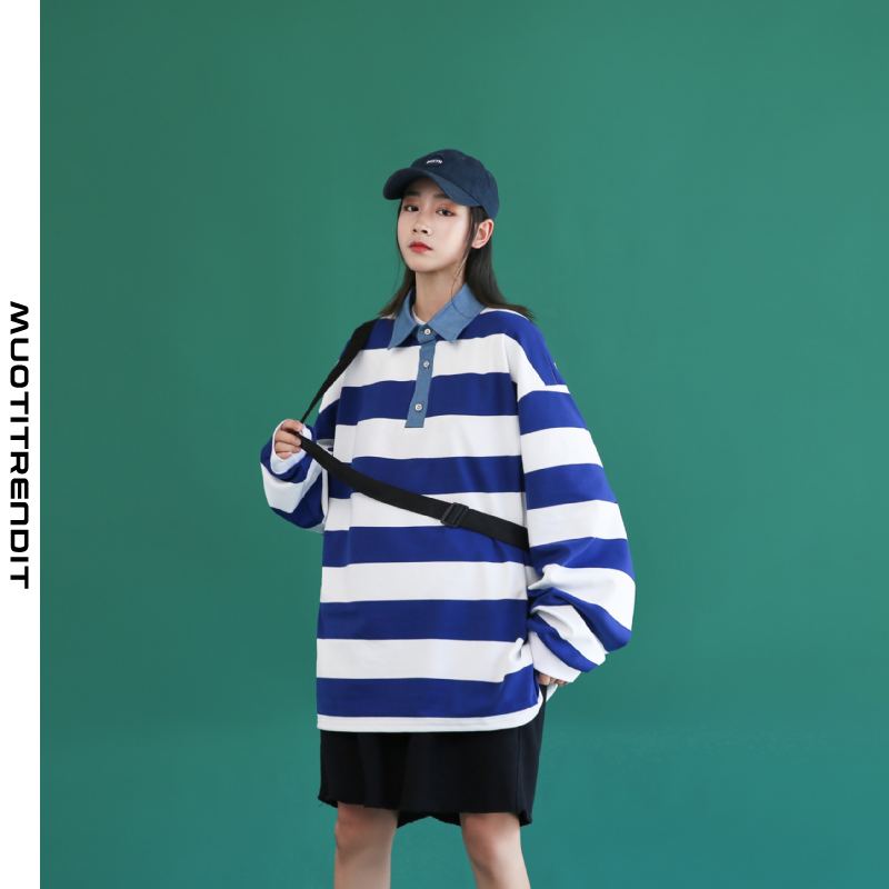 autumn striped women's fleece sweater loose shirt collar miesten takki tummansininen