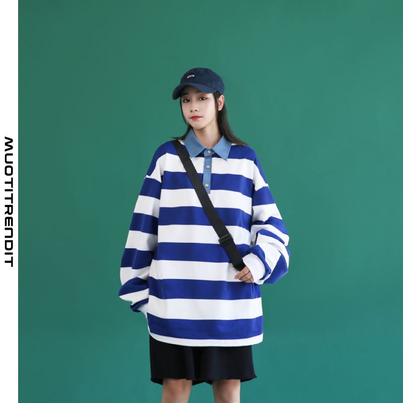 autumn striped women's fleece sweater loose shirt collar miesten takki tummansininen