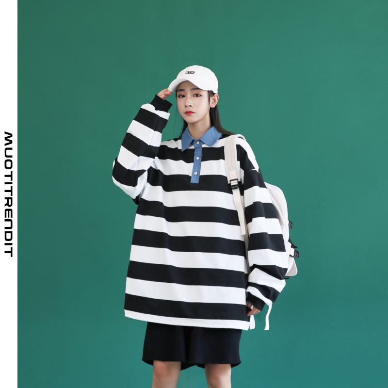 autumn striped women's fleece sweater loose shirt collar miesten takki tummansininen