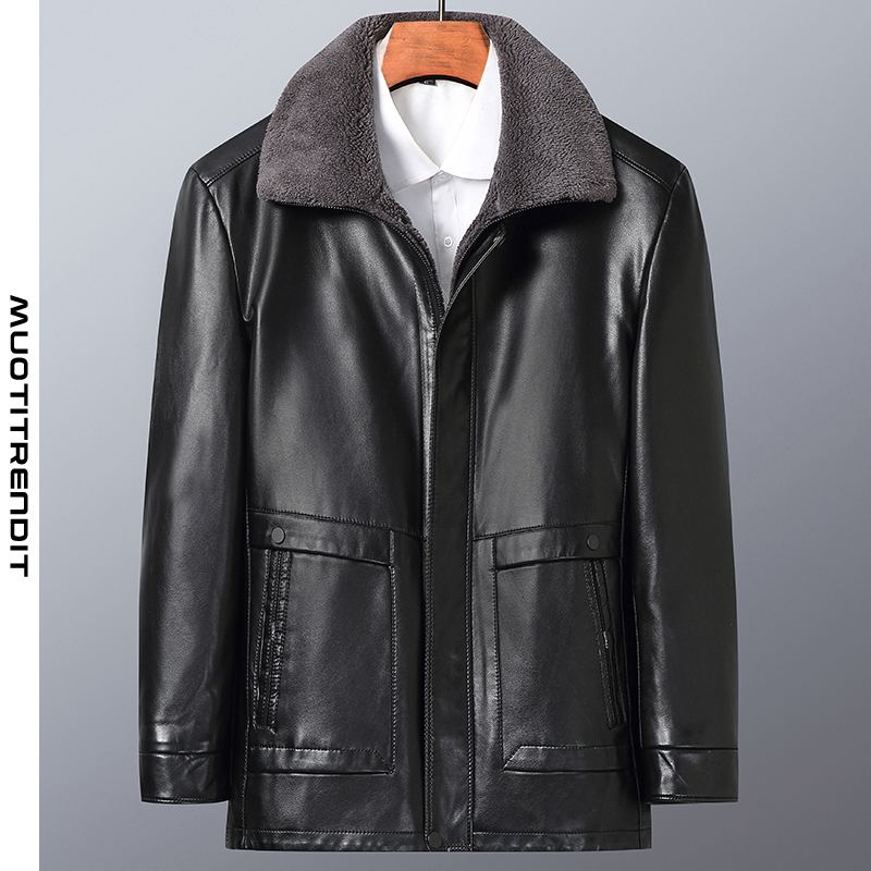 boutique miesten nahka takki fleece paksu talvi rento käänne isä takki musta