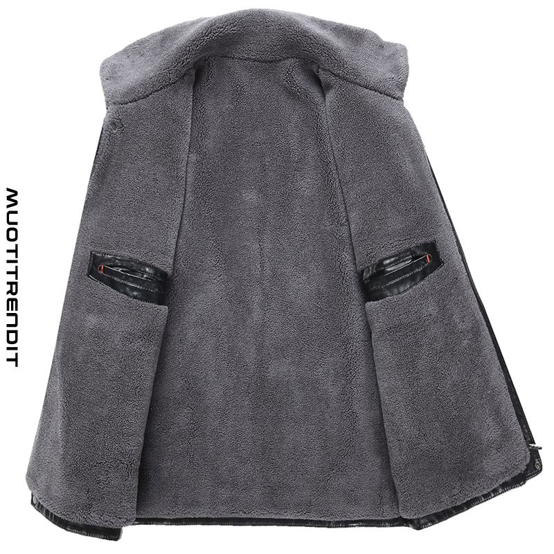 boutique miesten nahka takki fleece paksu talvi rento käänne isä takki musta