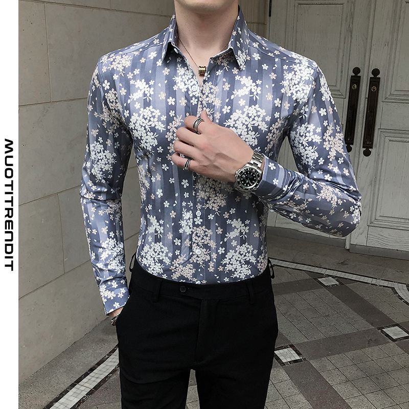brittiläinen ohut muodollinen paita trendikäs kukkakuvio harmaa