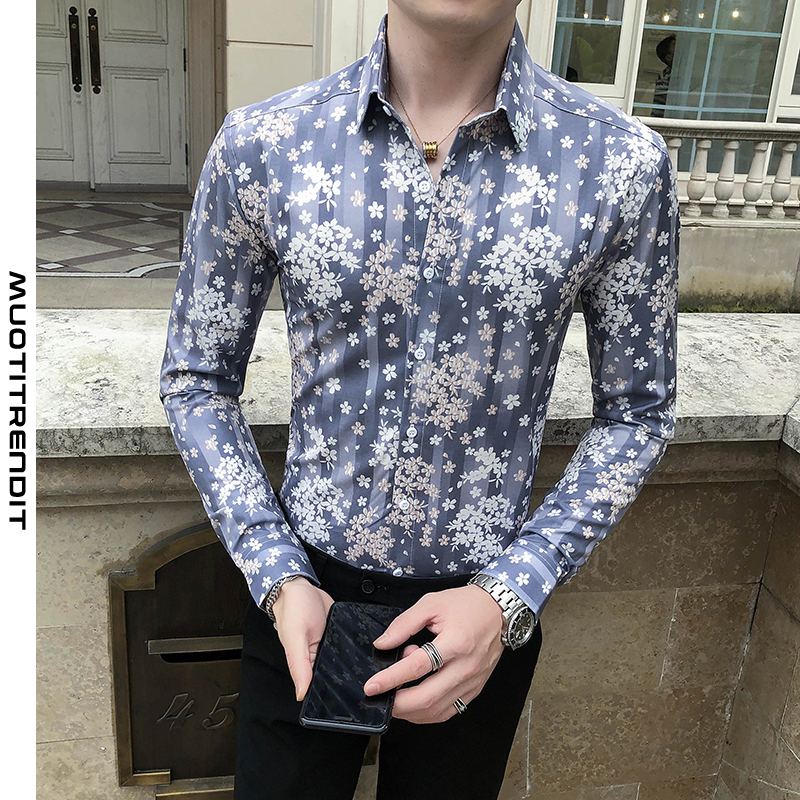 brittiläinen ohut muodollinen paita trendikäs kukkakuvio harmaa