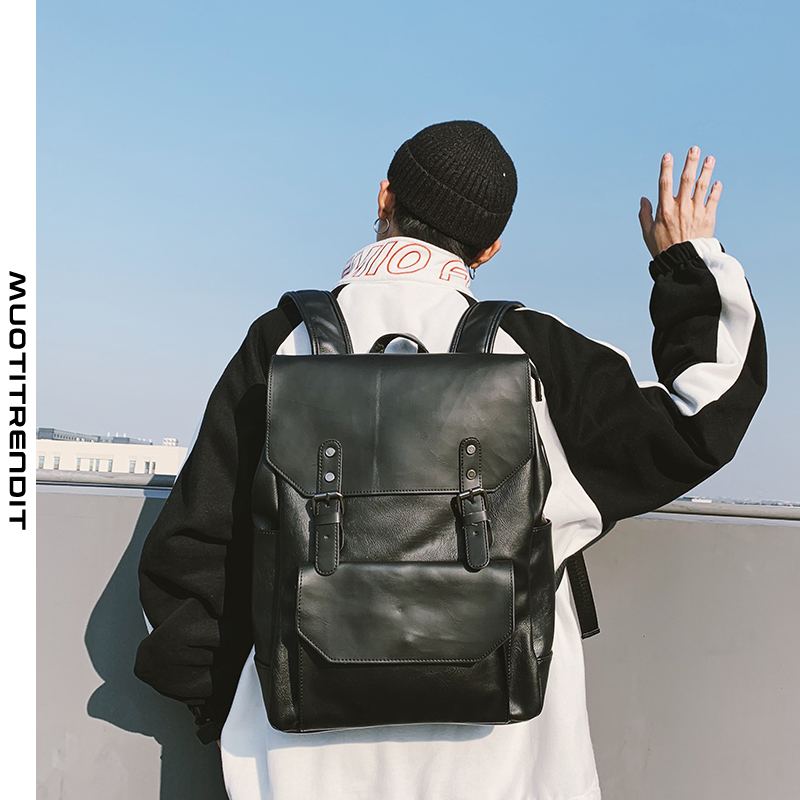 casual flap leather backpack miesten reppu musta