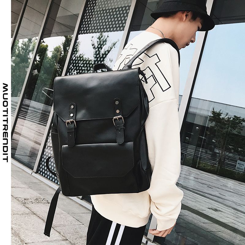 casual flap leather backpack miesten reppu musta