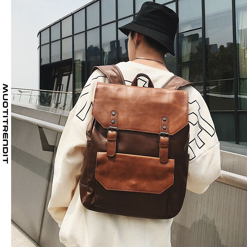 casual flap leather backpack miesten reppu musta