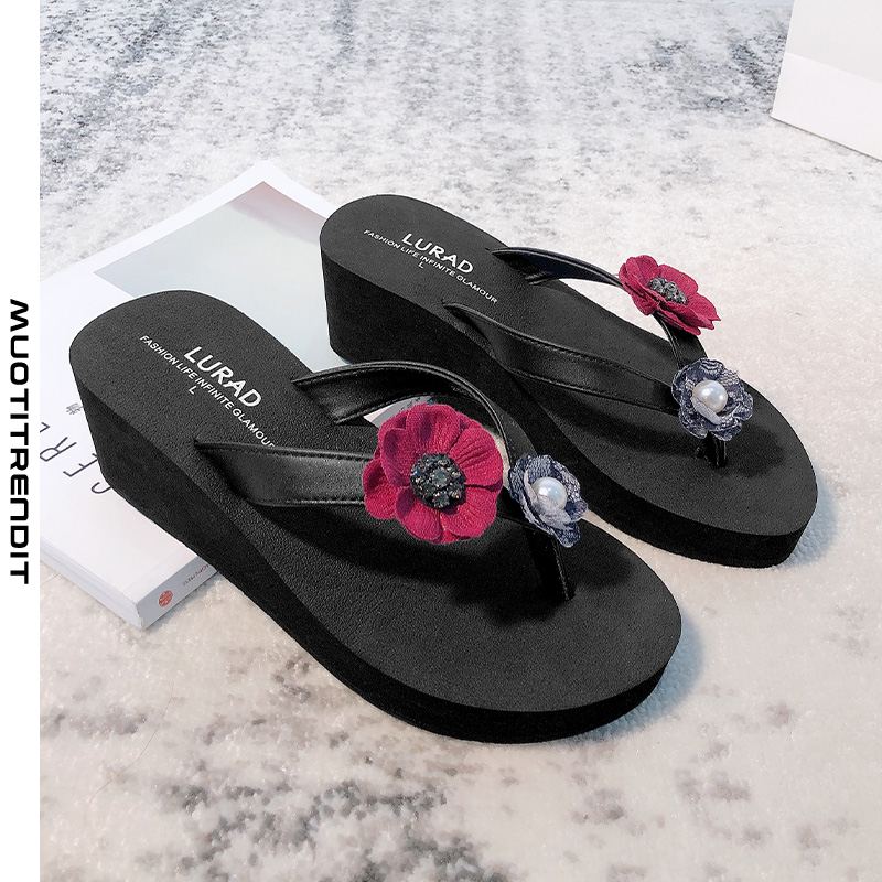 flower pearl flip-flop naisten kesäkorko liukumaton korkokenkä musta