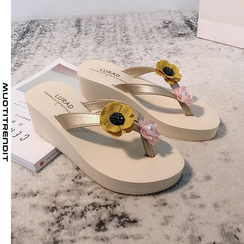 flower pearl flip-flop naisten kesäkorko liukumaton korkokenkä musta