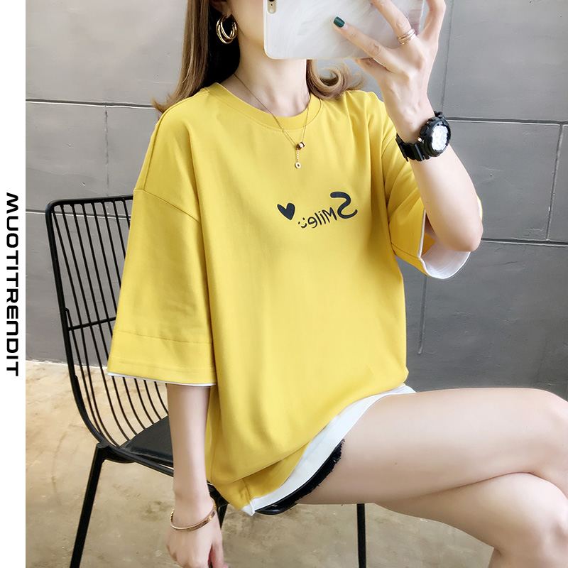 kaksiosainen naisten t-paita lyhythihainen pyöreä kaula työmatkatulostus keltainen