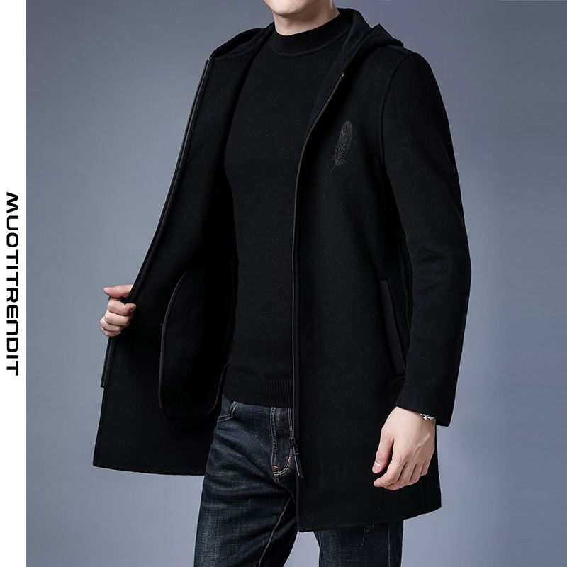 kaksipuolinen villatakki miesten hupullinen pitkä ohut ohut takki musta
