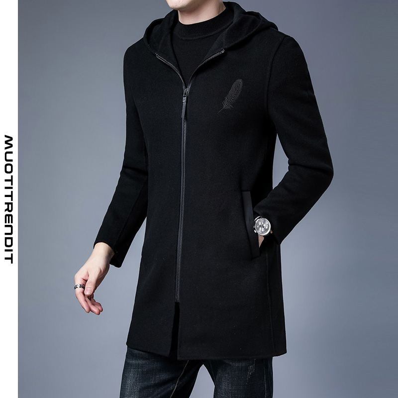 kaksipuolinen villatakki miesten hupullinen pitkä ohut ohut takki musta