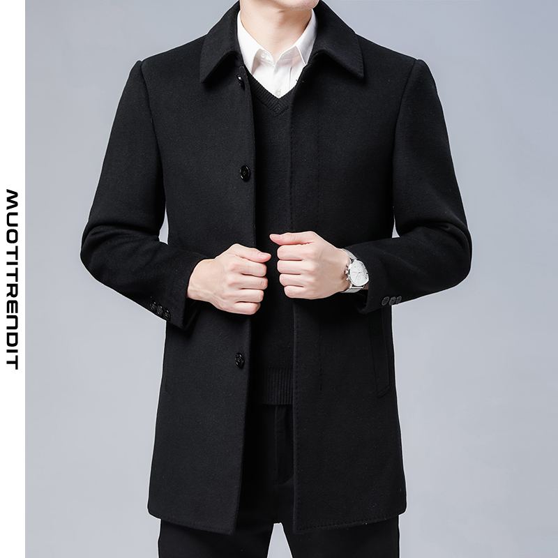 kaksipuolinen villatakki miesten pitkä ohut takki musta