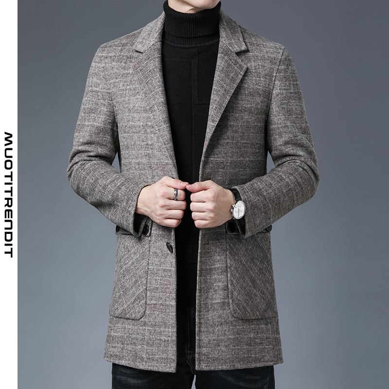 kaksipuolinen villatakki miesten pitkä ruudullinen tyylikäs takki harmaa