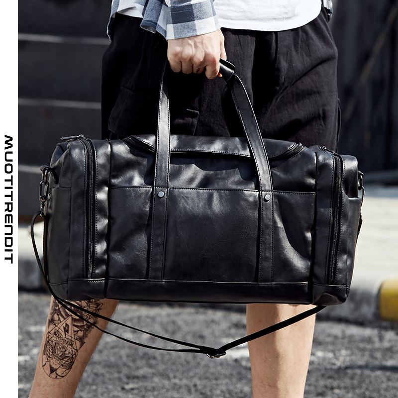 kannettava matkalaukku miesten urheilureppu nahkainen monitaskuinen säilytyslaukku musta