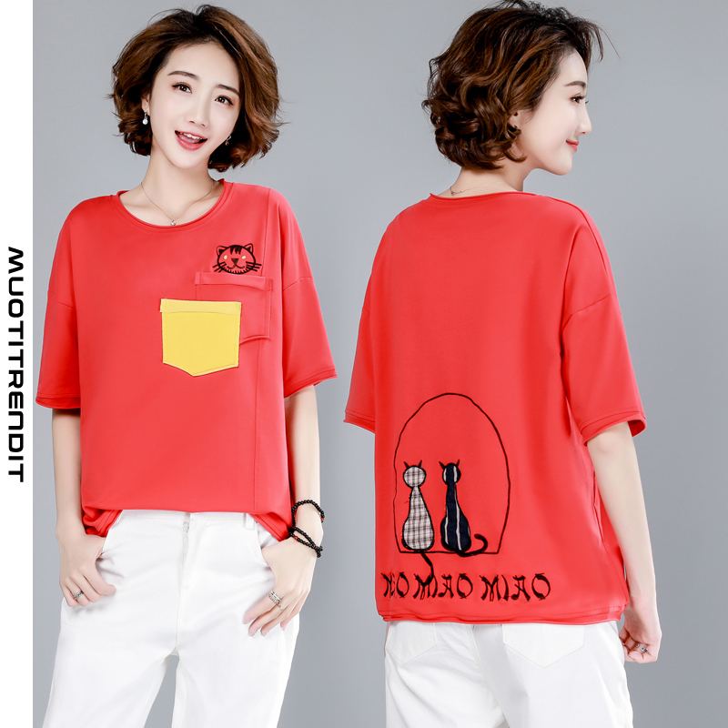kesä löysä pyöreäkaulainen lyhythihainen naisten t-paita sarjakuva kirjonta punainen