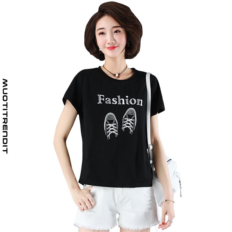 kesä pyöreäkaulainen muoti painettu tekojalokivi yksivärinen naisten t-paita musta