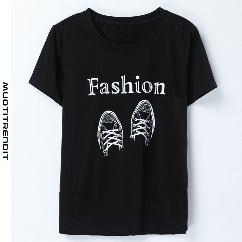 kesä pyöreäkaulainen muoti painettu tekojalokivi yksivärinen naisten t-paita musta