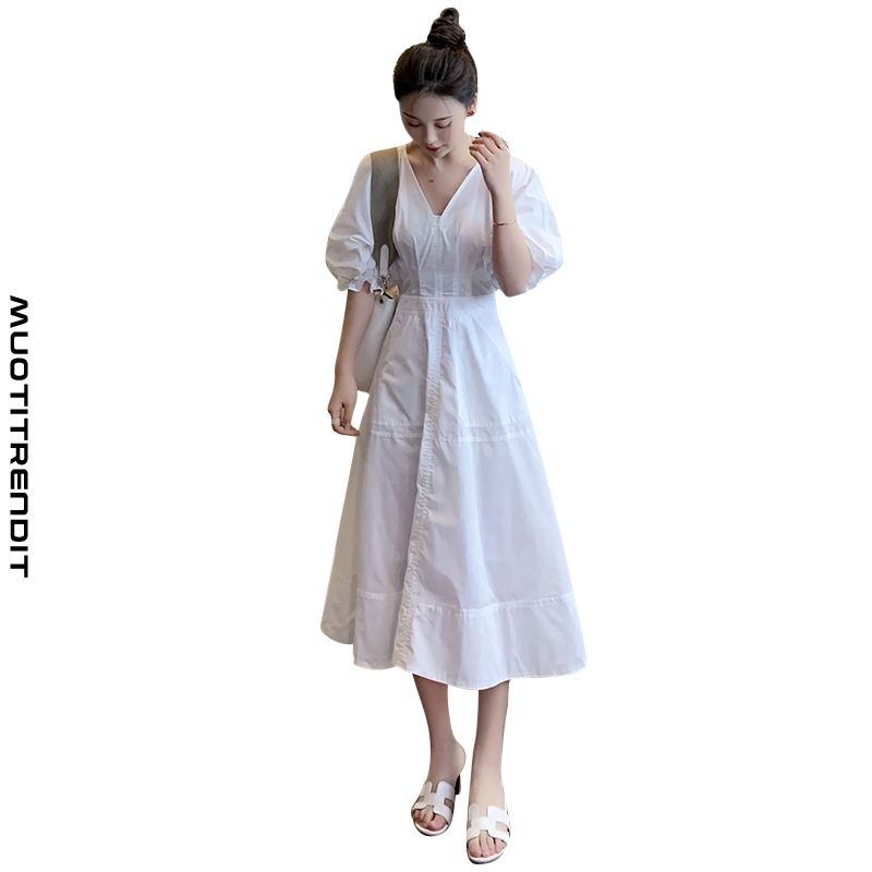 kesäinen naisten mekko v-kaula lyhythihainen puhtaan valkoinen