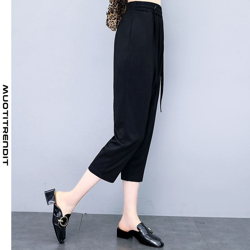 kesän joustavat vyötäröiset naisten housut yksinkertainen puhdas väri trendi mukava musta