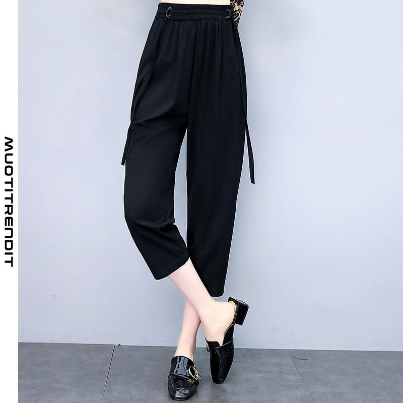 kesän joustavat vyötäröiset naisten housut yksinkertainen puhdas väri trendi mukava musta