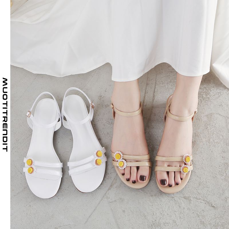 kesänahkaiset naisten sandaalit kukkapaksu kantapää solki beige