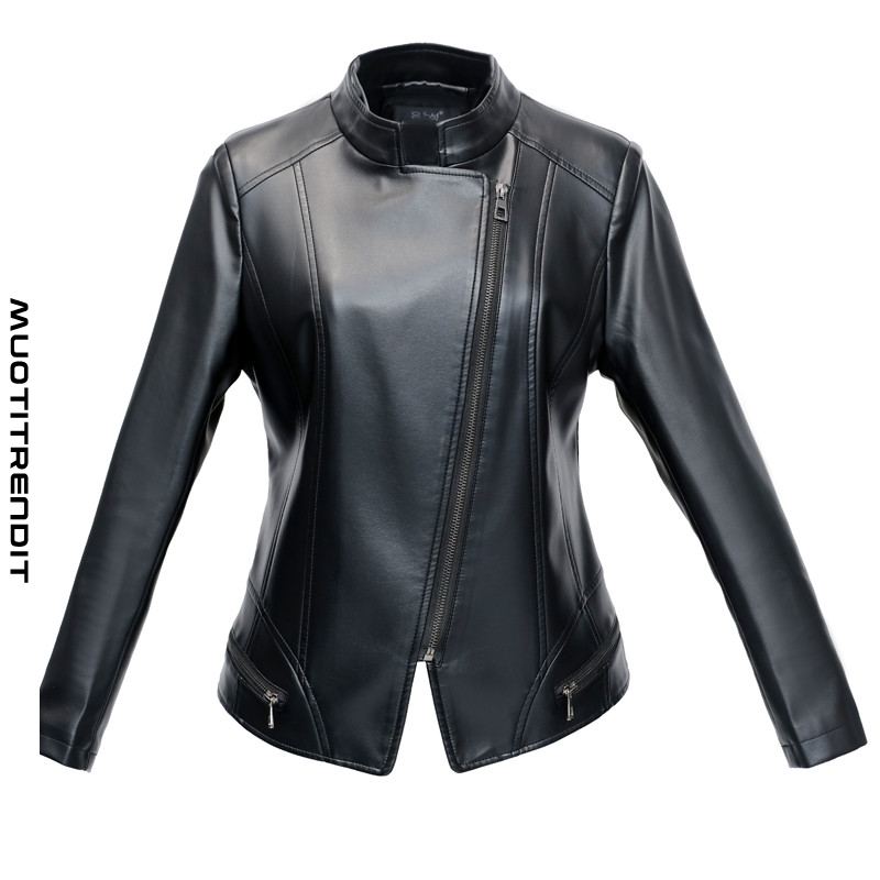 kevään ja syksyn naisten nahka takki lyhyt ohut jalusta kaulus moottoripyörä takki musta