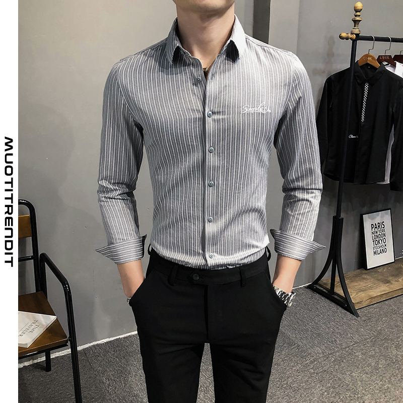 kevään pitkähihainen pinstripe-miesten paita nuorten yritysten harmaa