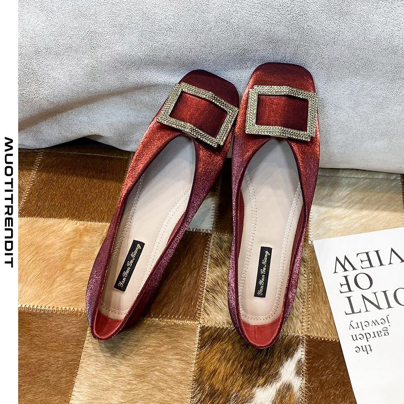 kevät neliön toe matalat kengät naisten tekojalokivi neliön solki pehmeä pohja viini punainen