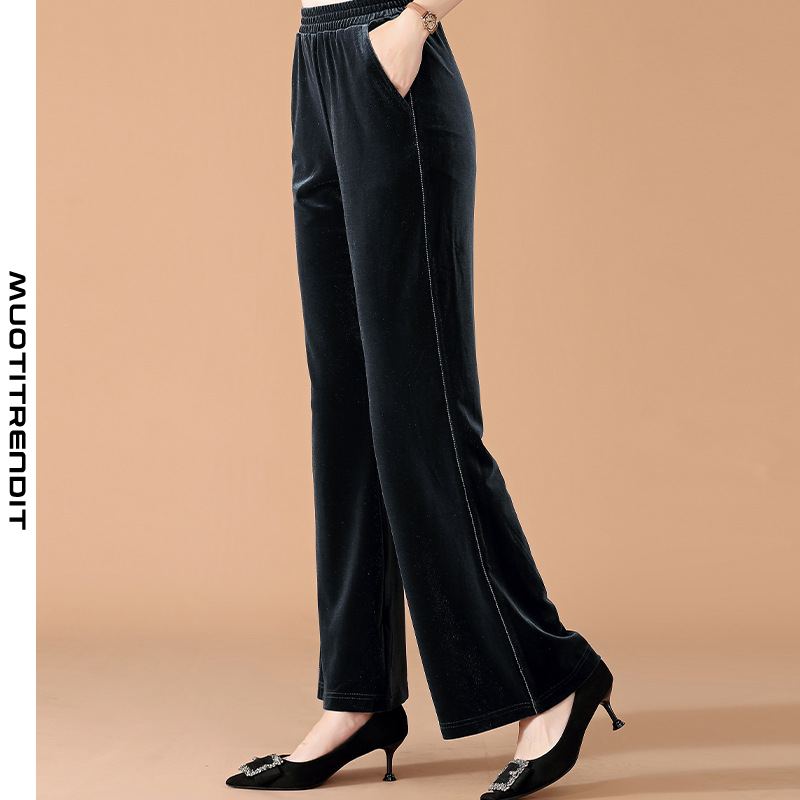 korkealaatuiset kultaiset samettiset naisten housut joustavat rento rento suora tyylikäs musta