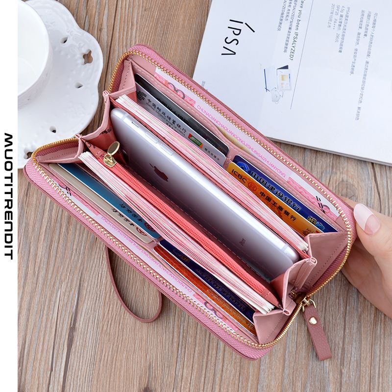 kytkinlaukku naisten lompakko pitkä vetoketjullinen lompakkokuvioinen matkapuhelinlaukku vaaleanpunainen