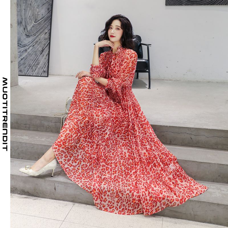 leopardikuvioiset naisten mekot ovat suosittuja keväällä ja kesällä vyötäröllä vyötäröllä varustettu silkkipunainen