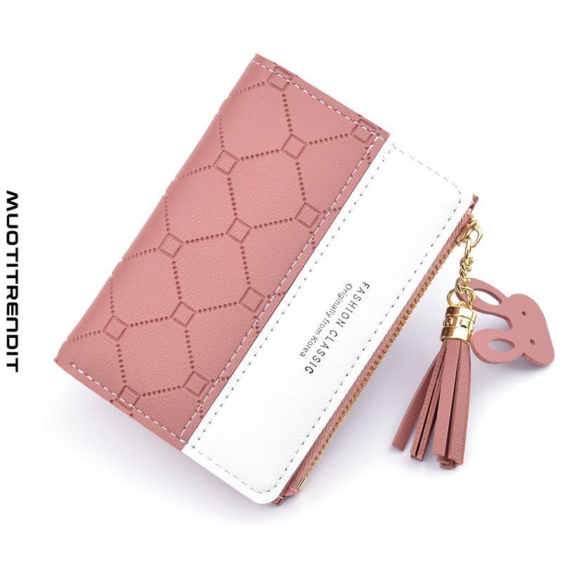 lompakko naisten lyhyt vetoketjullinen lompakko kohokuvioitu osuma väri tupsu kolikon kukkaro korttikotelo vaaleanpunainen