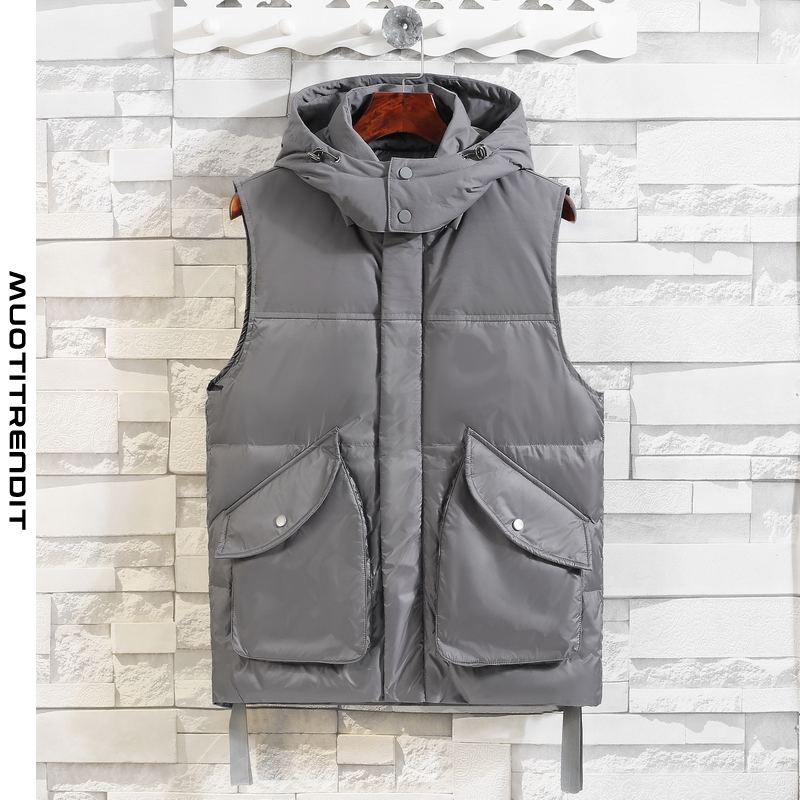 miesten liivit big pocket hooded thick vest hihaton takki harmaa