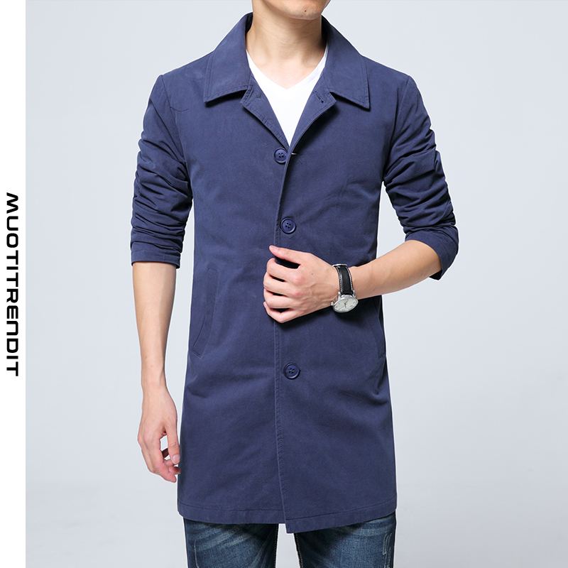 muodikas miesten tuulitakki puuvilla pitkä yksinkertainen yksirivinen puku takki tummansininen