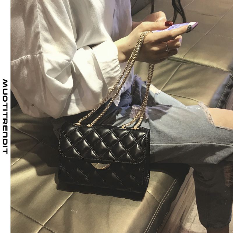 muodikas olkalaukku naisten lähetyslaukku läppä timantti ristikkoketju hihna musta