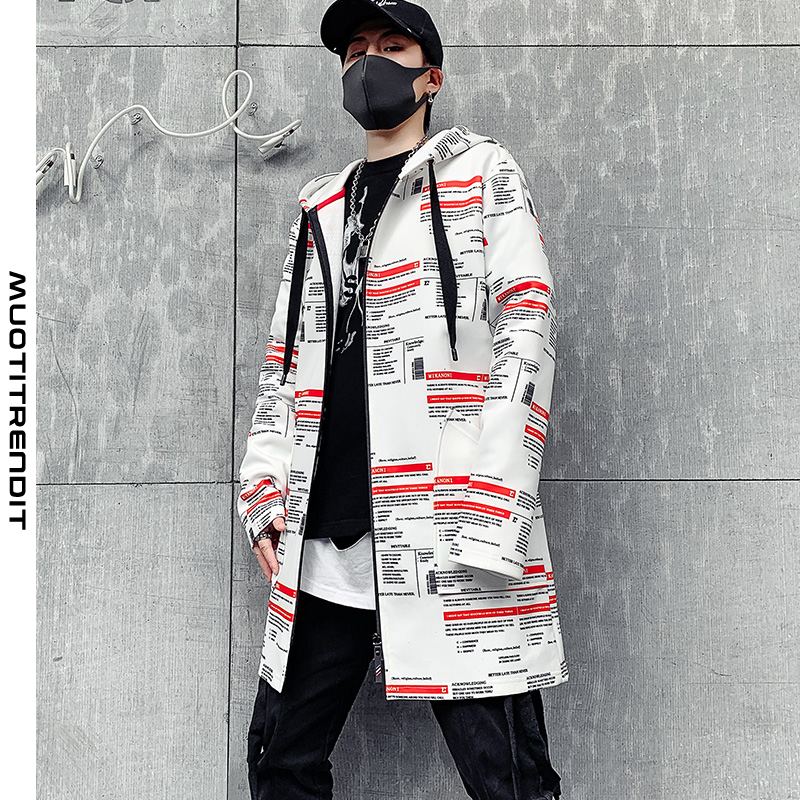 muoti hip-hop miesten pitkä trenssi suuri trendikäs hupullinen takki musta