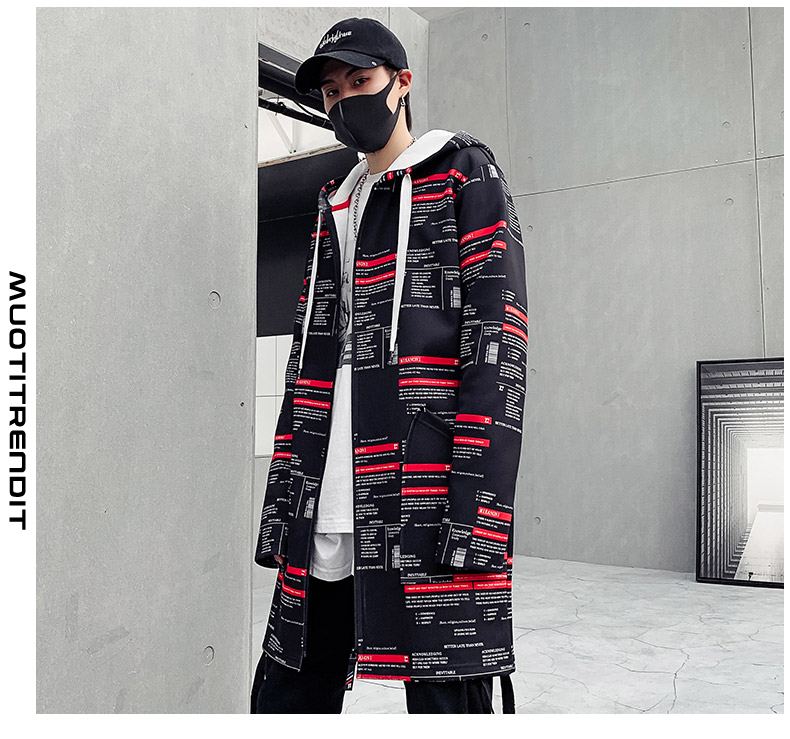 muoti hip-hop miesten pitkä trenssi suuri trendikäs hupullinen takki musta