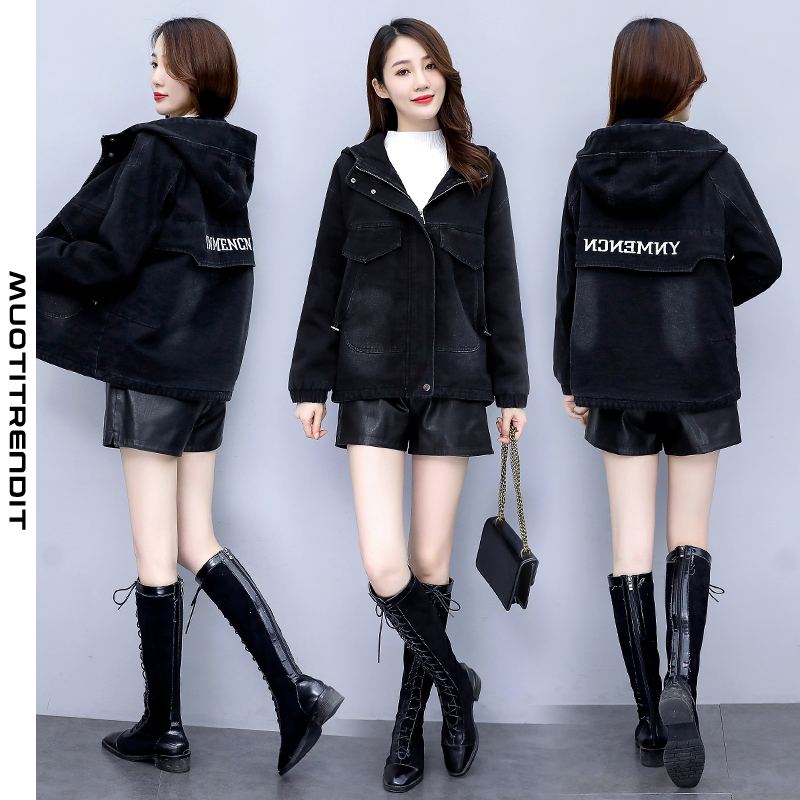 muoti naisten takki talvihupullinen retro pesty monitaskuinen takki lyhyt musta
