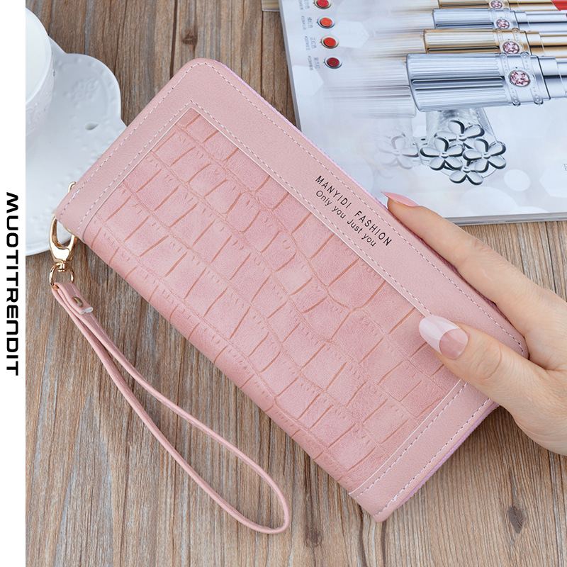 krokotiilikuvioinen kytkinlaukku naispuolinen pitkä lompakko vetoketjuompeleet pehmeä nahkainen lompakko matkapuhelinlaukku vaaleanpunainen