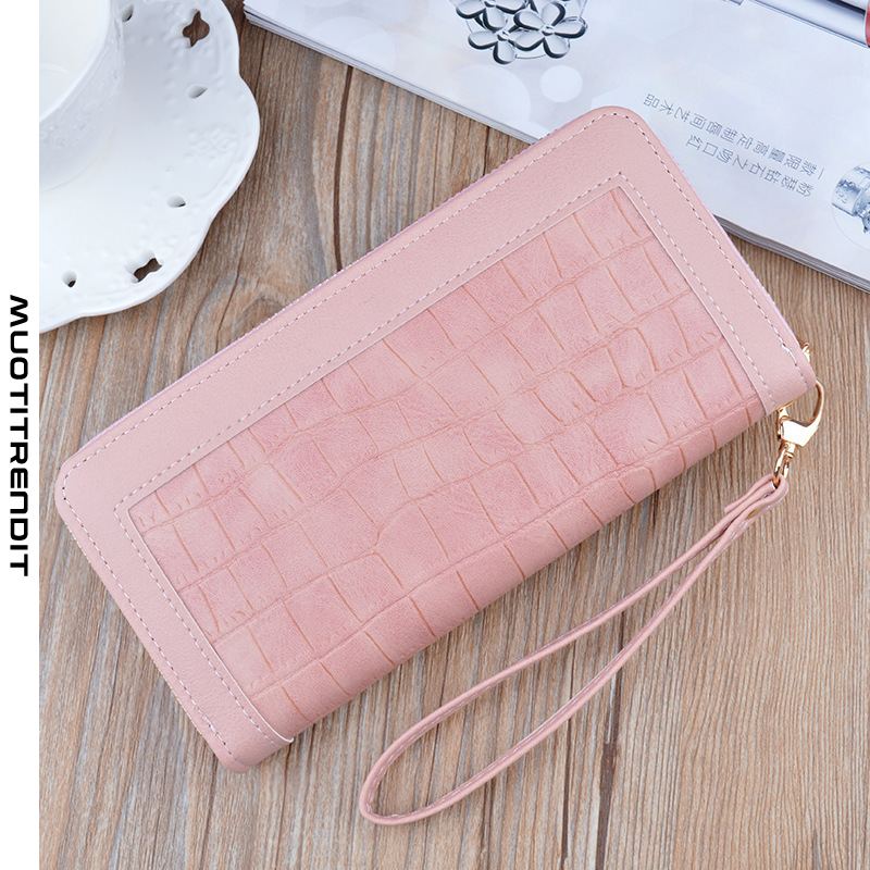 krokotiilikuvioinen kytkinlaukku naispuolinen pitkä lompakko vetoketjuompeleet pehmeä nahkainen lompakko matkapuhelinlaukku vaaleanpunainen