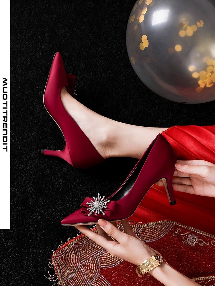naisten korkeakorkoiset kengät stiletto mokkanahkainen kärki tekojalokivi viininpunainen