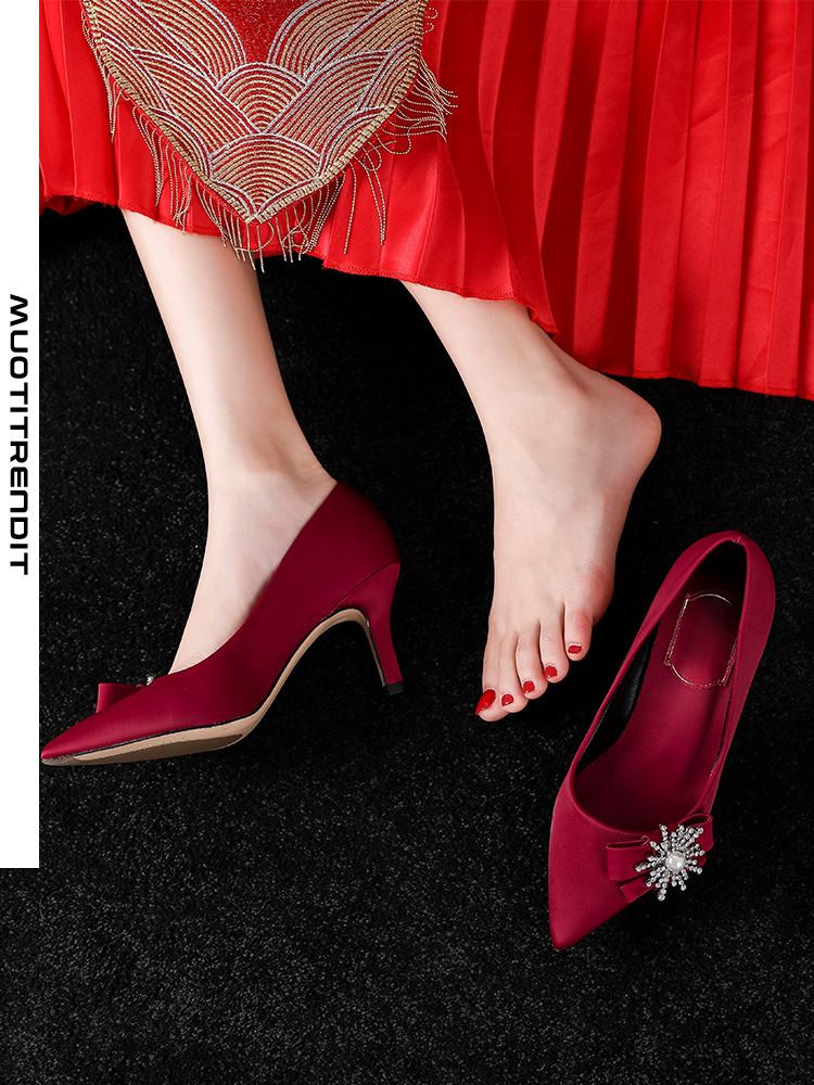 naisten korkeakorkoiset kengät stiletto mokkanahkainen kärki tekojalokivi viininpunainen