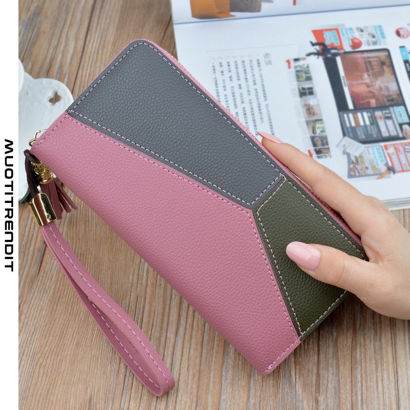 naisten kytkinlaukun lompakko pitkä vetoketjumuoti ompelemalla kontrastiväri suurikapasiteettinen lompakko vaaleanpunainen