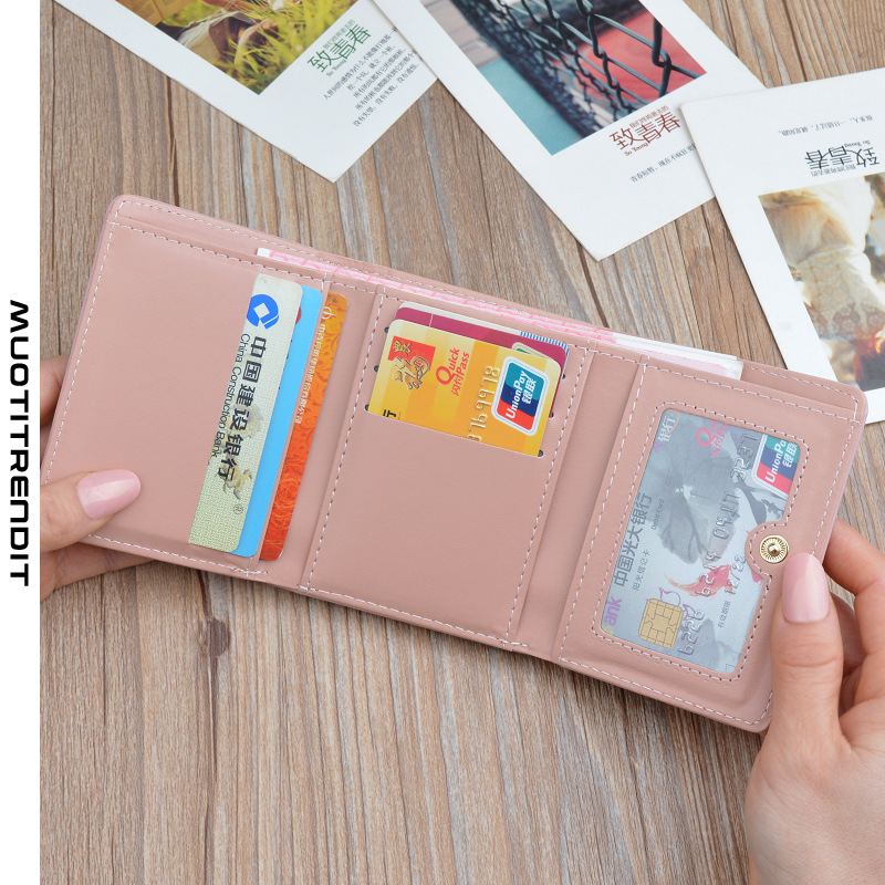 naisten lompakon tyttöopiskelijoiden lyhyt kolminkertainen lompakkokukka monitoiminen lompakko vaaleanpunainen
