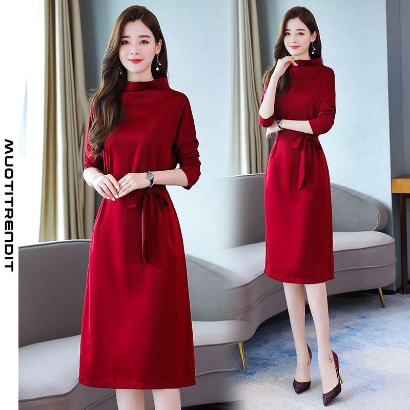 naisten mekko pitkillä hihoilla ja vyötäröllä puhtaavärinen tyylikäs mekko viininpunainen