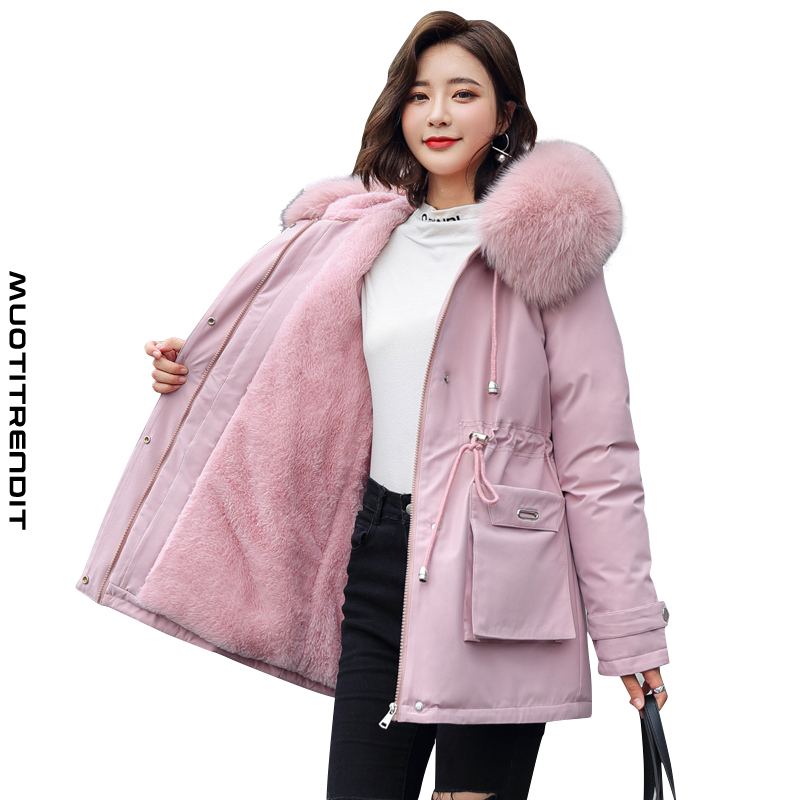 naisten parker-takin paksu pitkät talviturkiskaulustyökalut iso tasku vaaleanpunainen