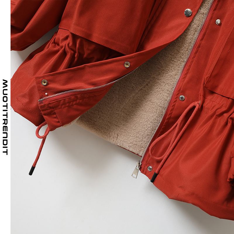 naisten pehmustettu takki hupullinen turkis kaulus syksyn ja talven punainen