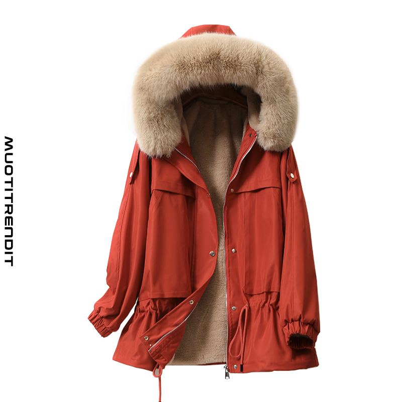 naisten pehmustettu takki hupullinen turkis kaulus syksyn ja talven punainen
