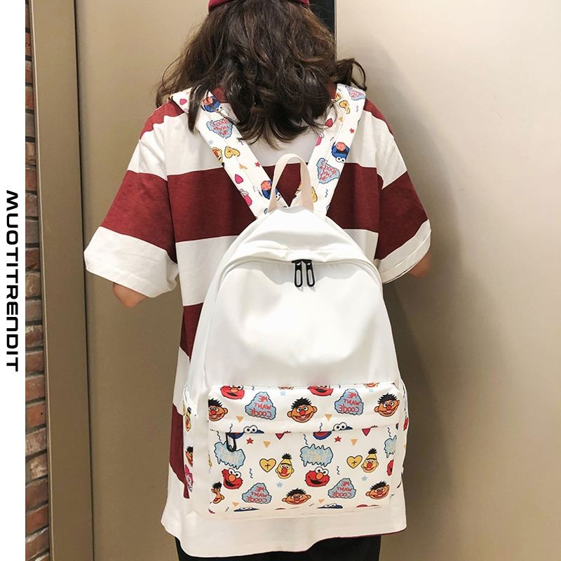 naisten reppu muoti painatus koululaukku suuri kapasiteetti vapaa-ajanmatka valkoinen