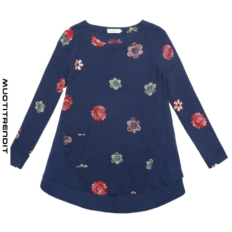 naisten t-paita kukka syksyllä pitkähihainen löysä ompeleminen tyylikäs yksinkertainen sininen